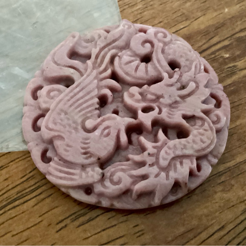 Phoenix & Chinese Dragon Carved Pendant Stone Rebirth Pink 2”